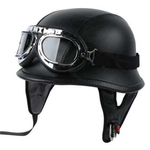 DOT Motorcycle German Style Black Leather Half Helmet