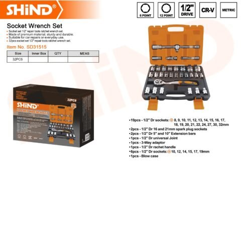 1/2" Drive Ratchet 32 pcs Wrench Socket Set