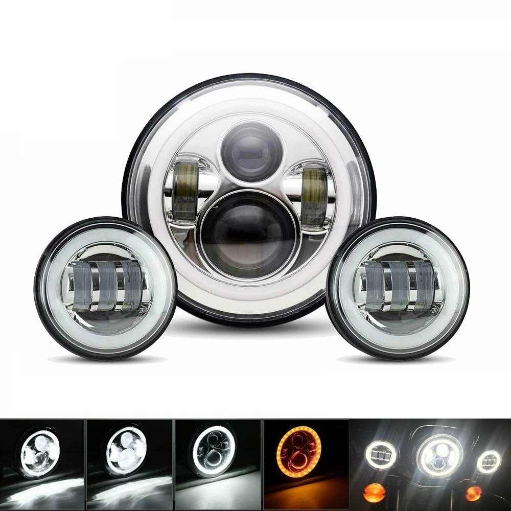7 Inch LED Headlight With 4.5 Inch Fog Lights With White Halo Ring For Harley