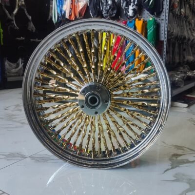 16-18″ Softail Harley Rear Wheel Twisted Fat Spoke Wheels 3.5 x 16″ & 4.2 x 18" Wide Chrome + Gold Spokes