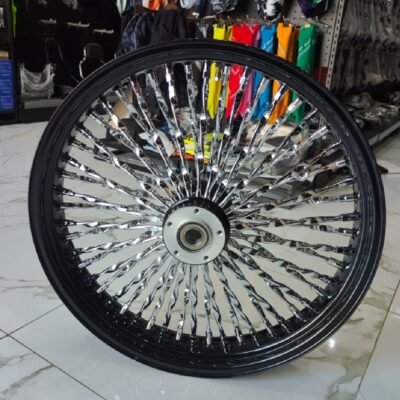 21″ Touring Harley Front 52 Fat Spoke Wheels Dual Disc 3.5″ Wide Black + Chrome Spokes