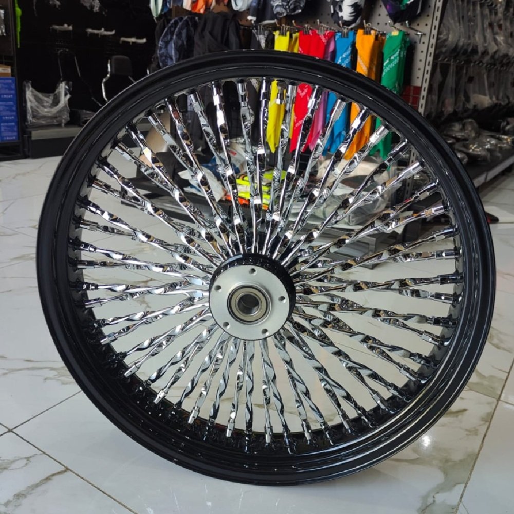 21″ Touring Harley Front 52 Fat Spoke Wheels Dual Disc 3.5″ Wide Black + Chrome Spokes