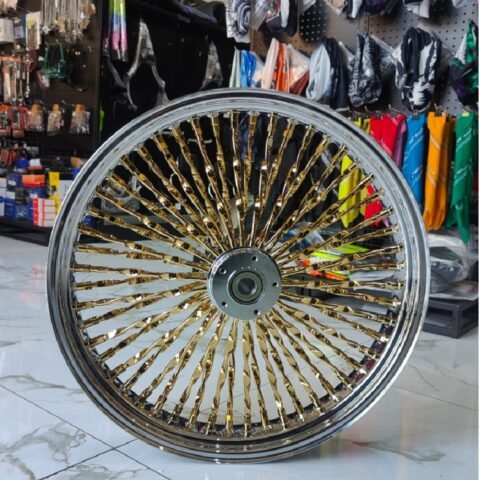 21″ Touring Harley Front 52 Fat Spoke Wheels Dual Disc 3.5″ Wide Chrome + Gold Spokes